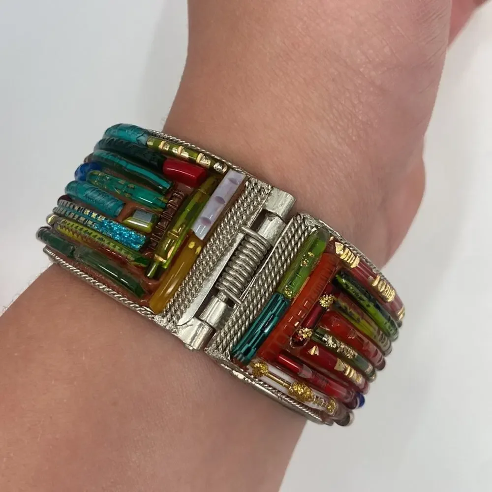 Mosaic Style Multicolored Art Glass Overlay Clamper bracelet
